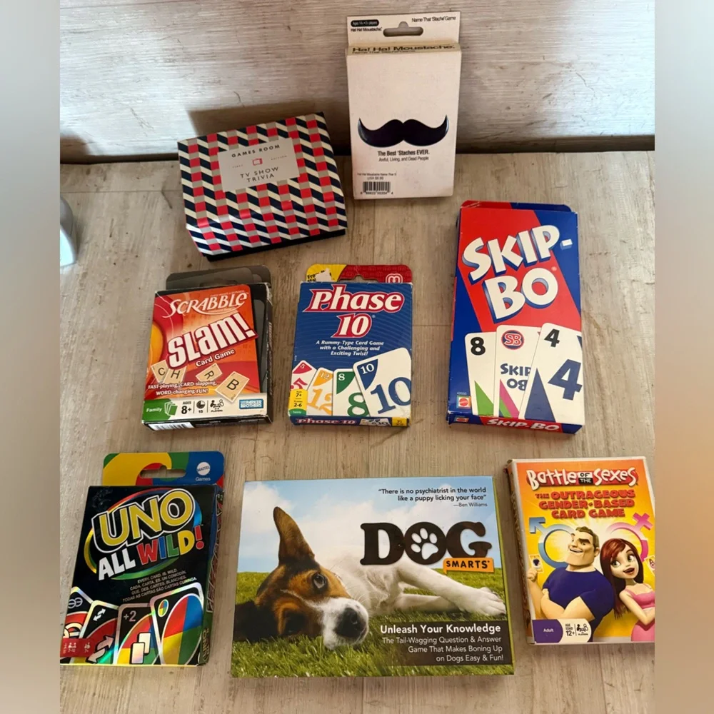 Lot of 8 family card games and trivia games Uno, Skip-Bo, Phase 10, Scrabble Sla